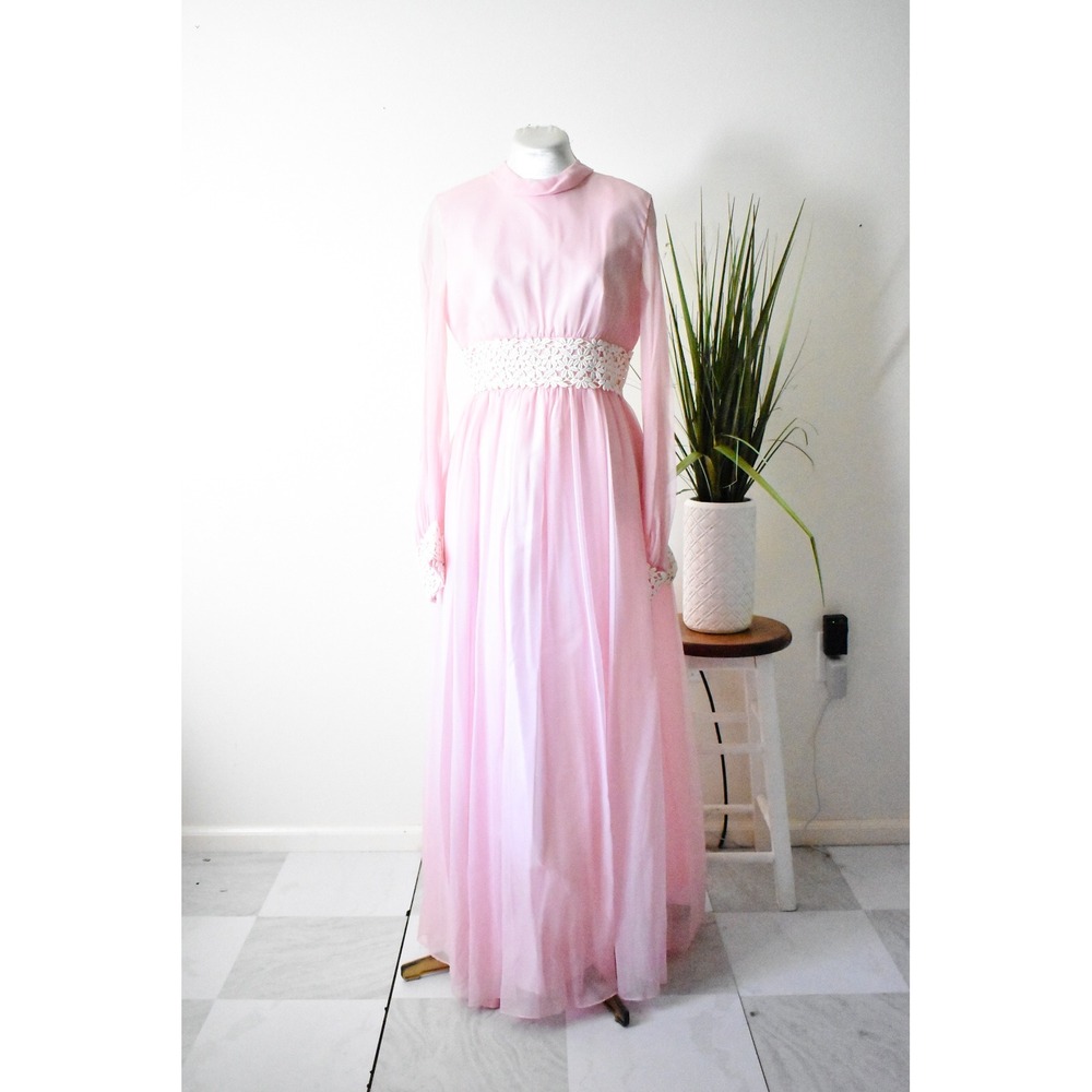Lorrie Deb Maxi Dress Women 11/12 Pink 60s Chiffon Lace Empire Waist Gown